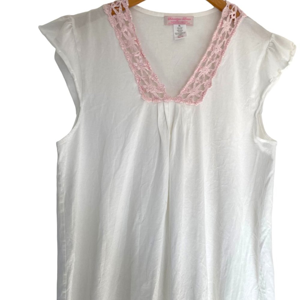 Schweitzer Linen Nightgown XL White Cotton W/ Pink Crochet Trim Flutter Cap Slvs